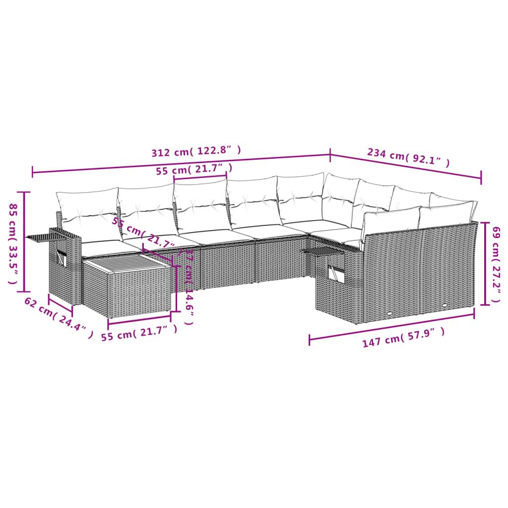 Set Divano da Giardino 10 pz con Cuscini Grigio in Polyrattan