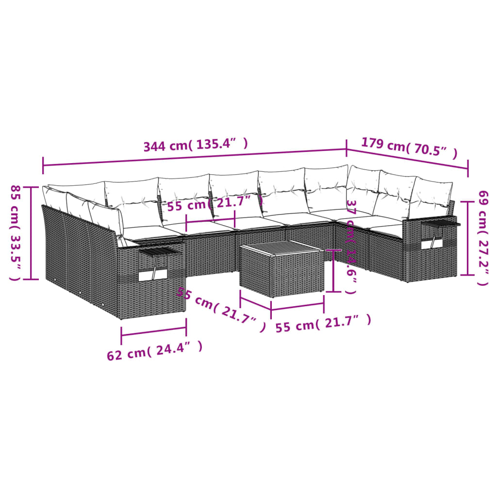 Set Divani da Giardino 11 pz con Cuscini in Polyrattan Grigio