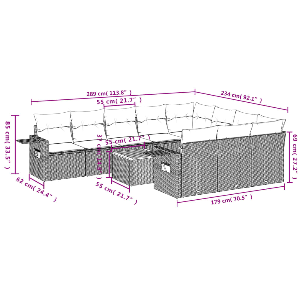 Set Divani da Giardino 11 pz con Cuscini in Polyrattan Nero