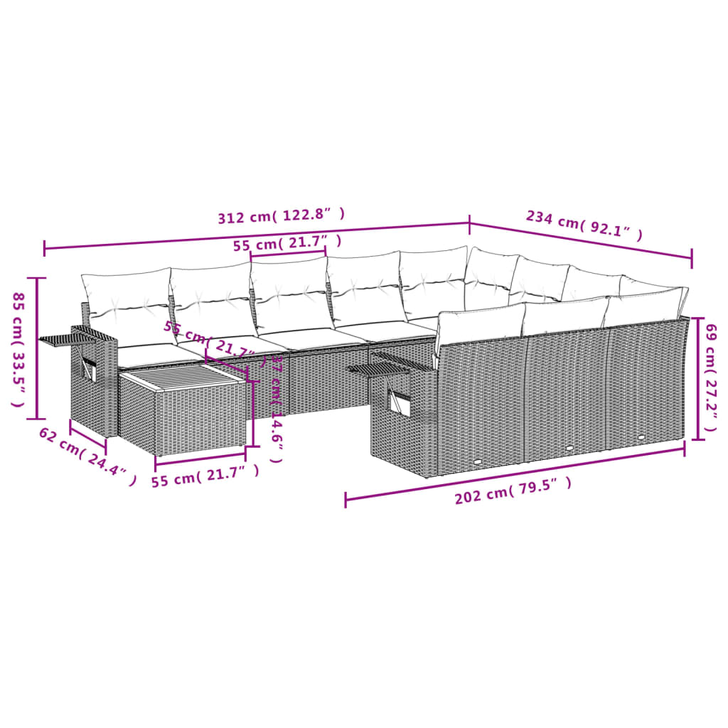 Set Divani da Giardino 11 pz con Cuscini in Polyrattan Grigio