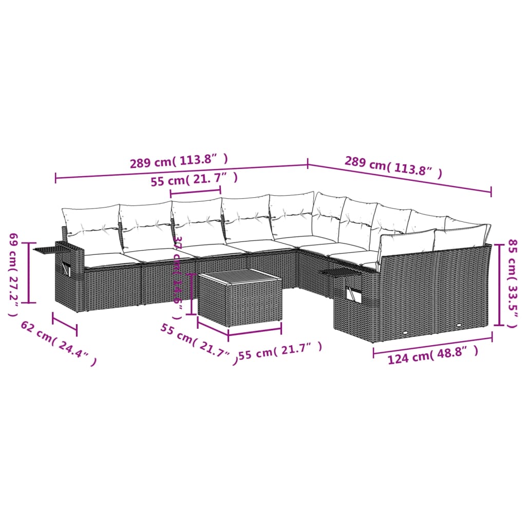 Set Divani da Giardino 11 pz con Cuscini in Polyrattan Nero