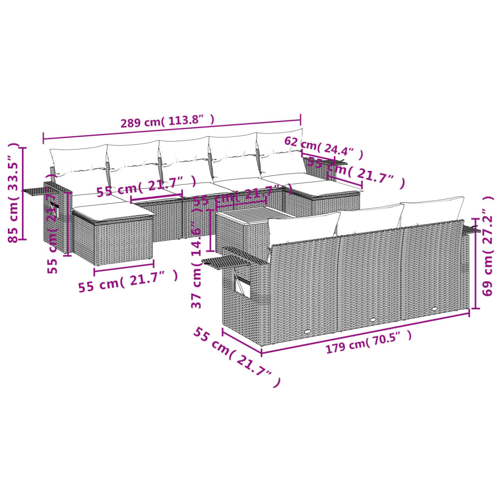 Set Divani da Giardino 11 pz con Cuscini in Polyrattan Grigio