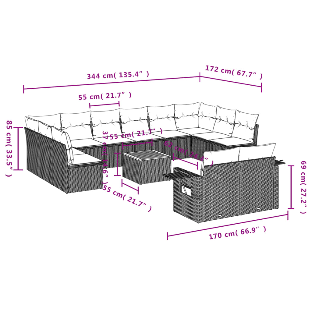 Set Divani da Giardino 13pz con Cuscini Nero in Polyrattan