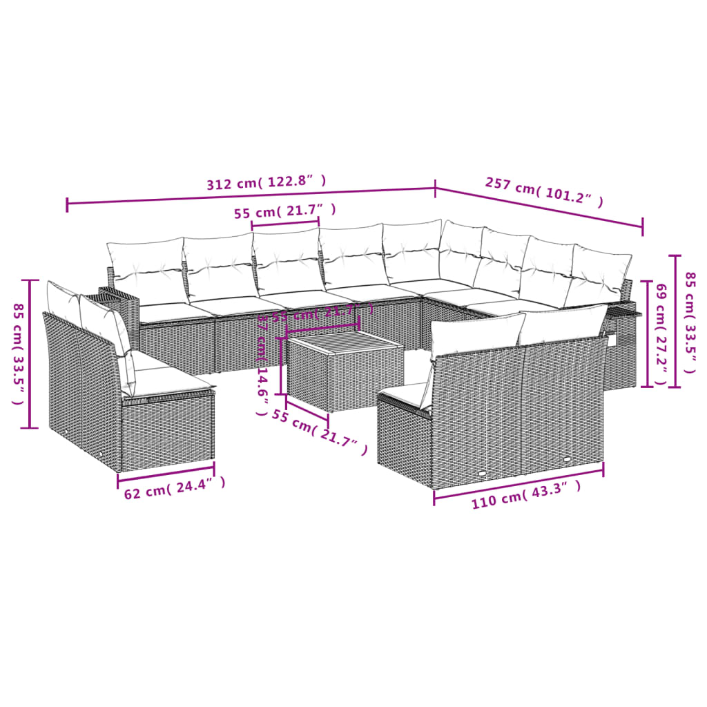 Set Divani da Giardino 13pz con Cuscini Nero in Polyrattan