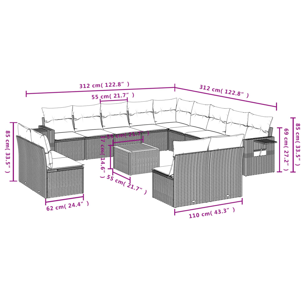 Set Divani da Giardino 14pz con Cuscini in Polyrattan Nero