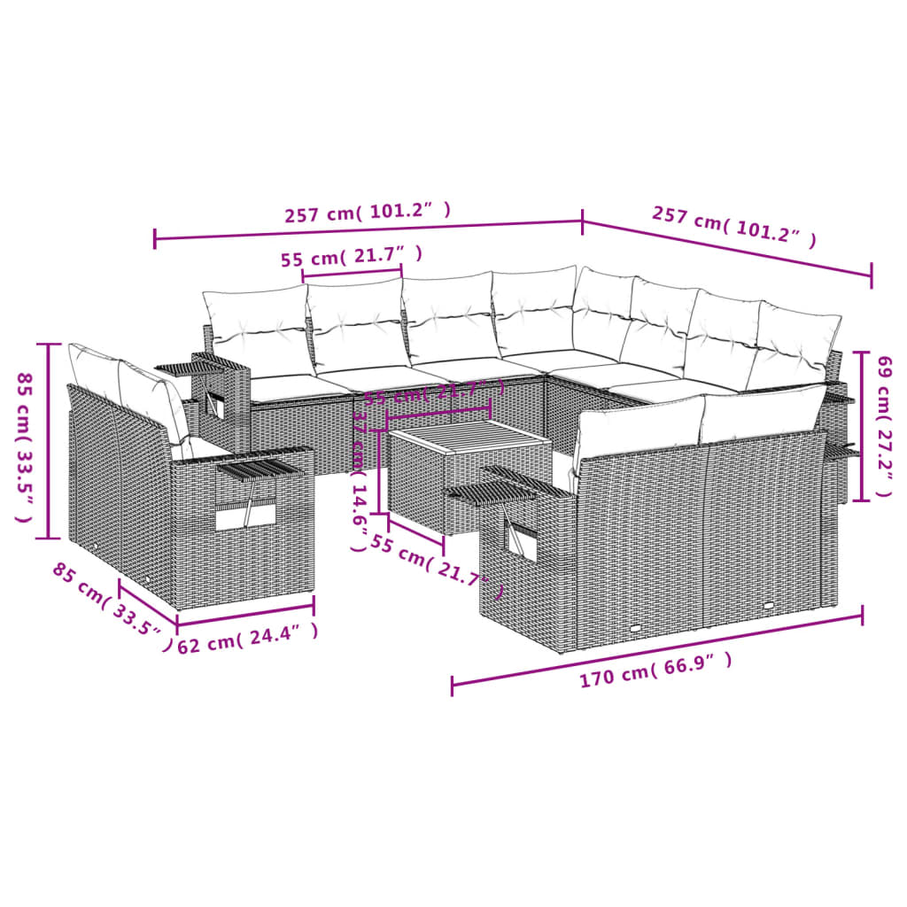 Set Divani da Giardino 12 pz con Cuscini Nero in Polyrattan