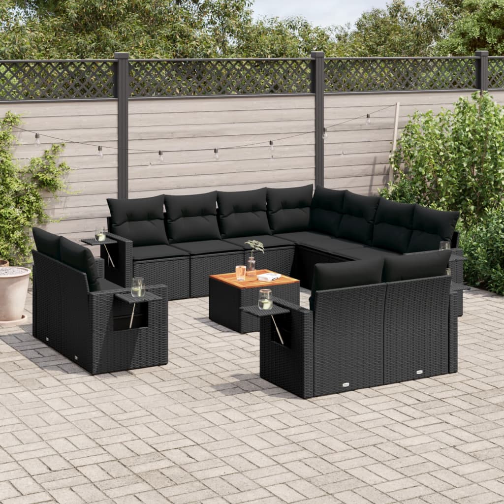 Set Divani da Giardino 12 pz con Cuscini Nero in Polyrattan