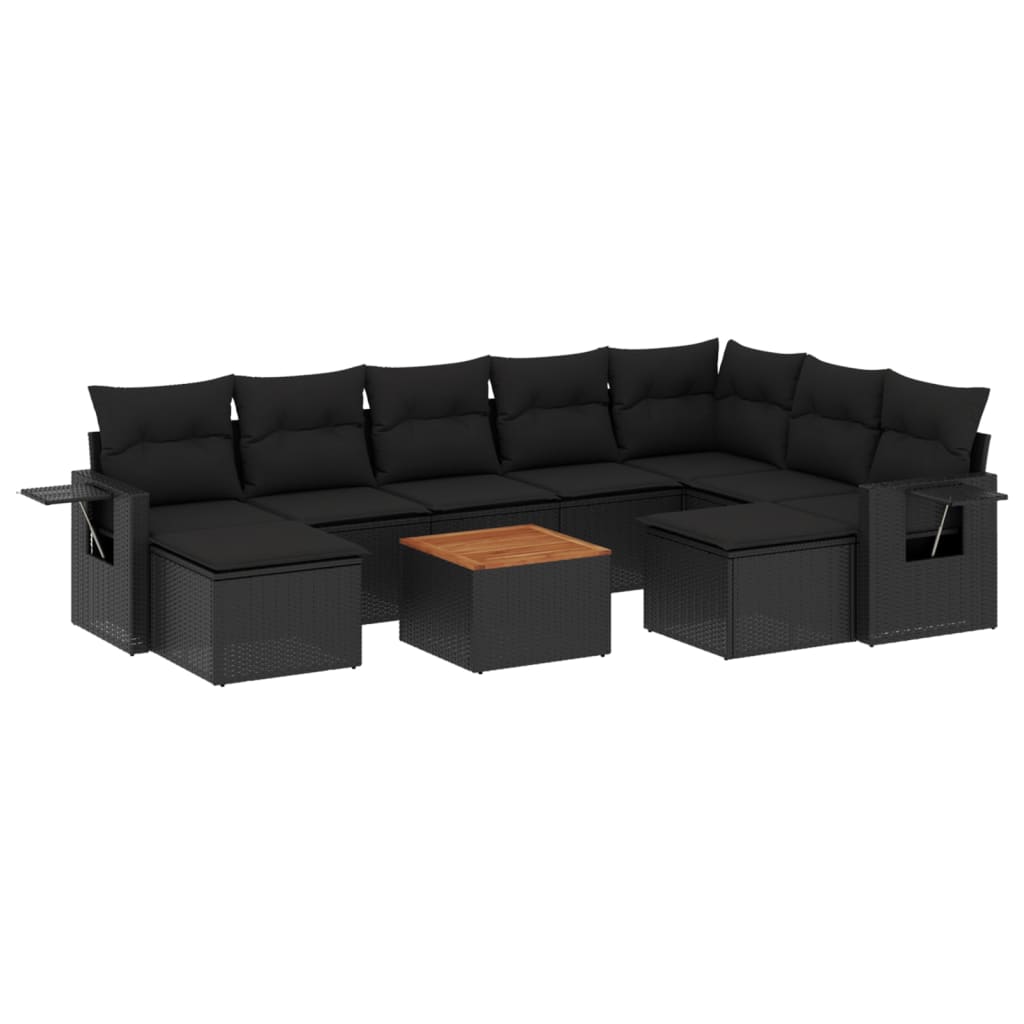 Set Divani da Giardino 10pz con Cuscini in Polyrattan Nero