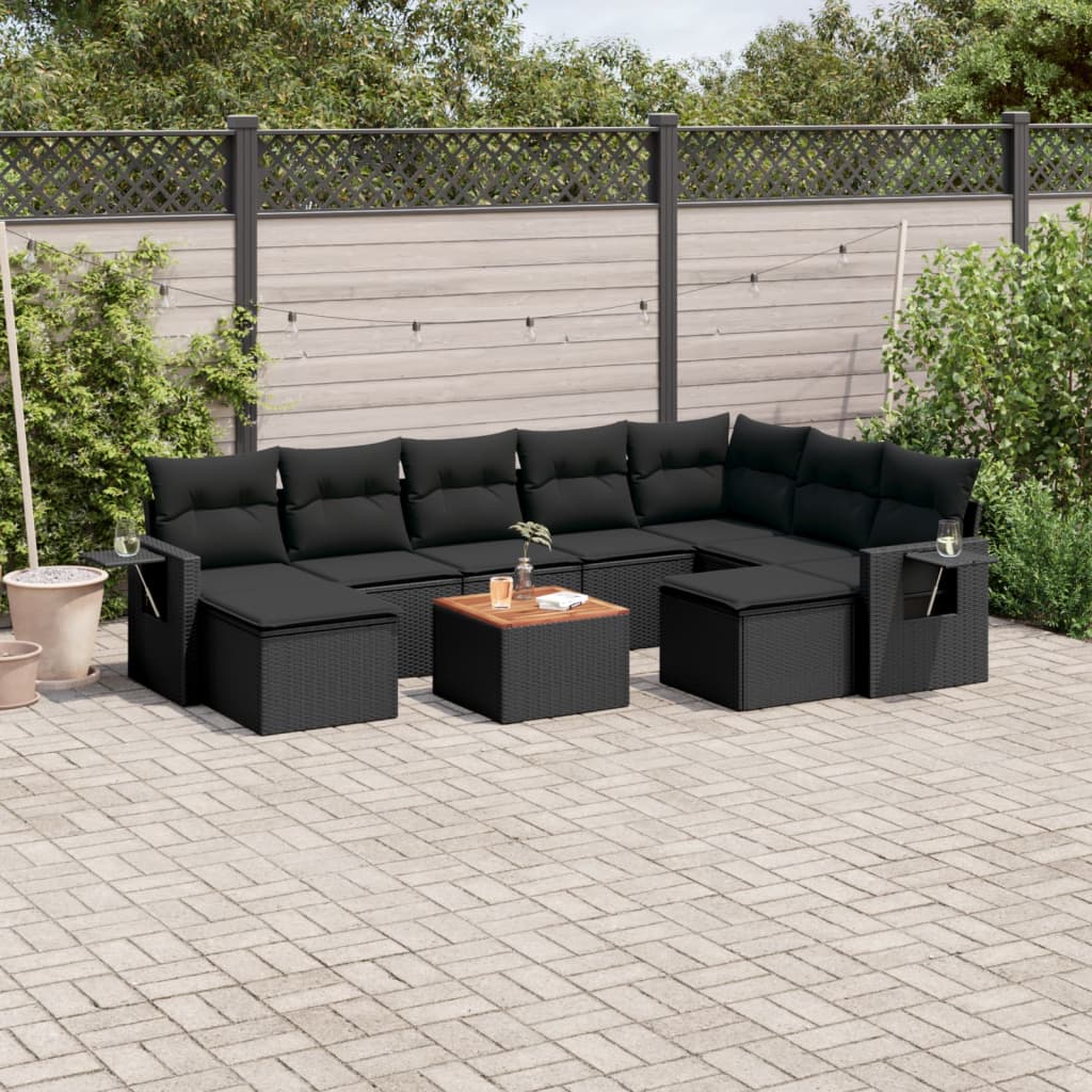 Set Divani da Giardino 10pz con Cuscini in Polyrattan Nero