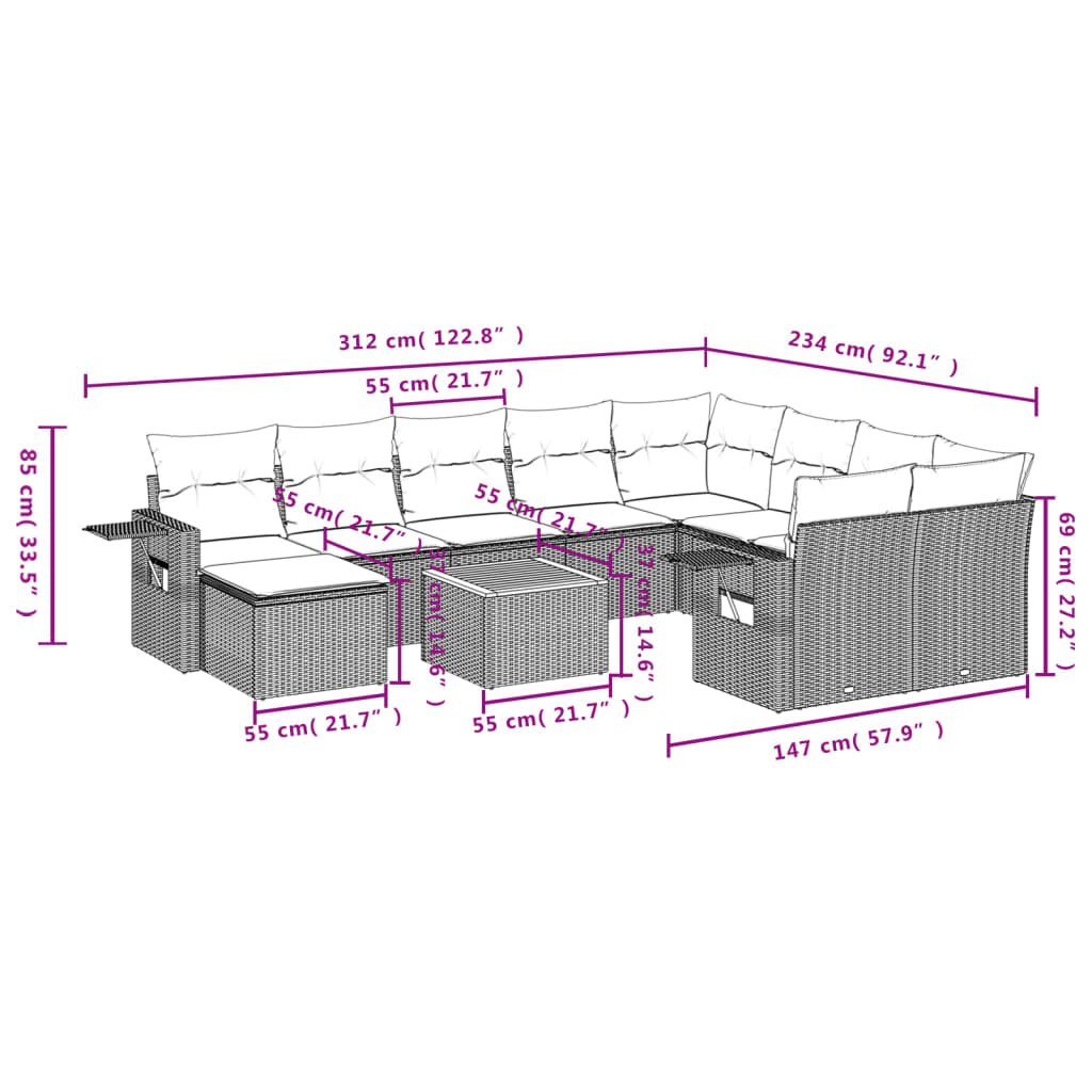 Set Divani da Giardino 11 pz con Cuscini in Polyrattan Grigio