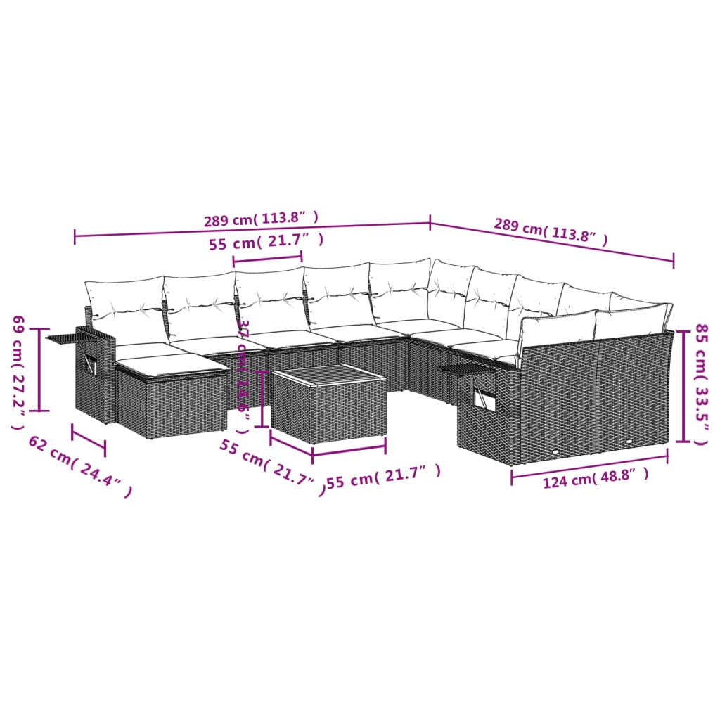 Set Divani da Giardino 12 pz con Cuscini Nero in Polyrattan