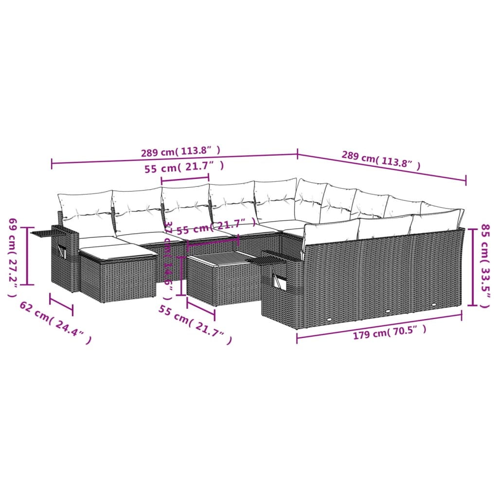 Set Divani da Giardino 13pz con Cuscini Nero in Polyrattan