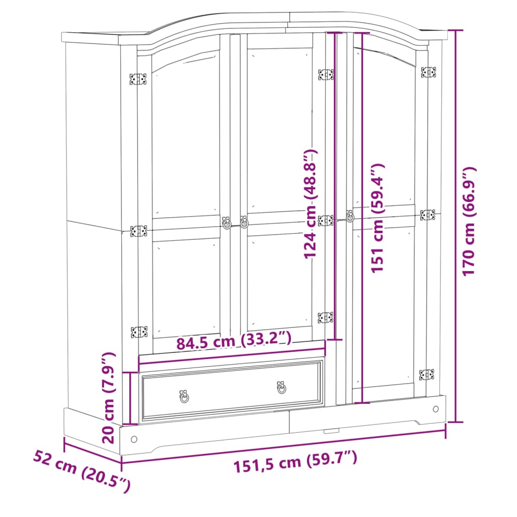 Armadio Corona 151,5x52x170 cm in Legno Massello di Pino