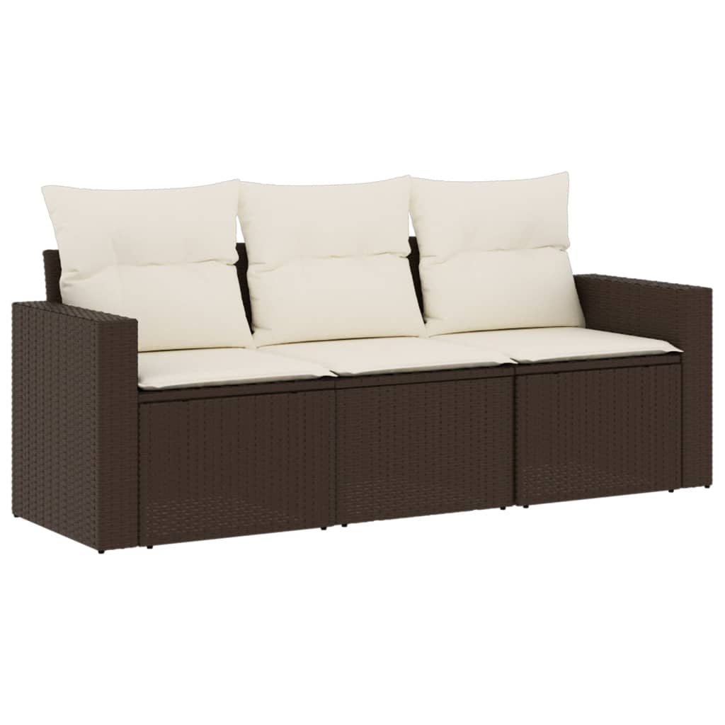 Set Divano da Giardino 3 pz con Cuscini Marrone in Polyrattan