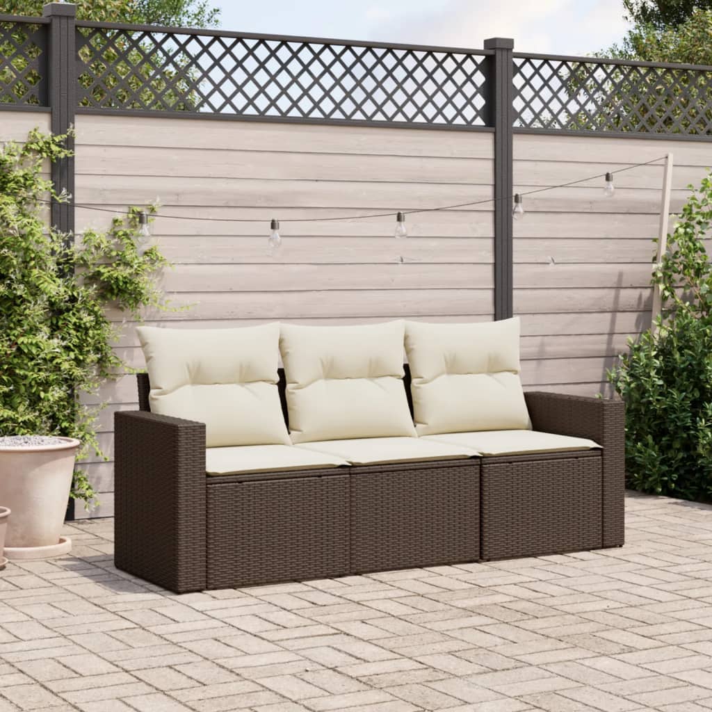 Set Divano da Giardino 3 pz con Cuscini Marrone in Polyrattan