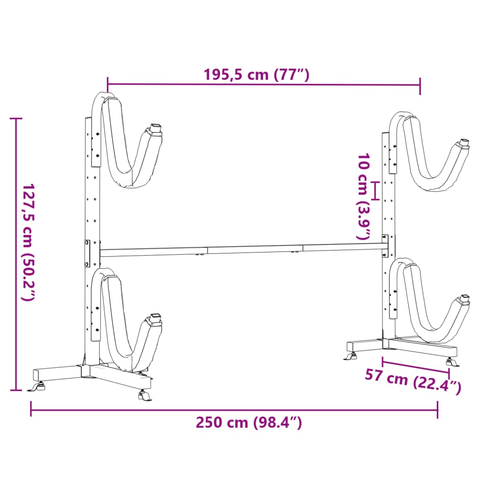 Rastrelliera Porta Kayak per 2 Kayak 250x57x127,5 cm in Acciaio