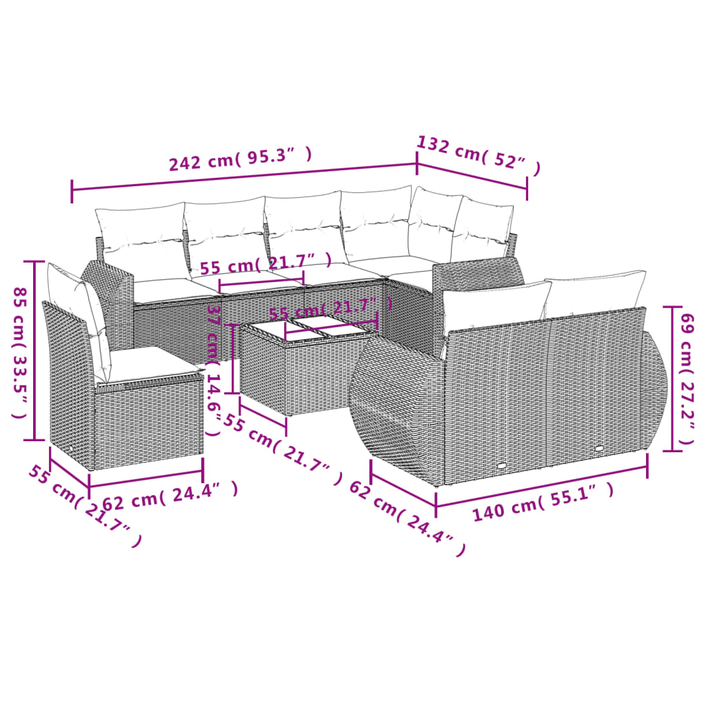 Set Divani da Giardino 9 pz con Cuscini Nero in Polyrattan