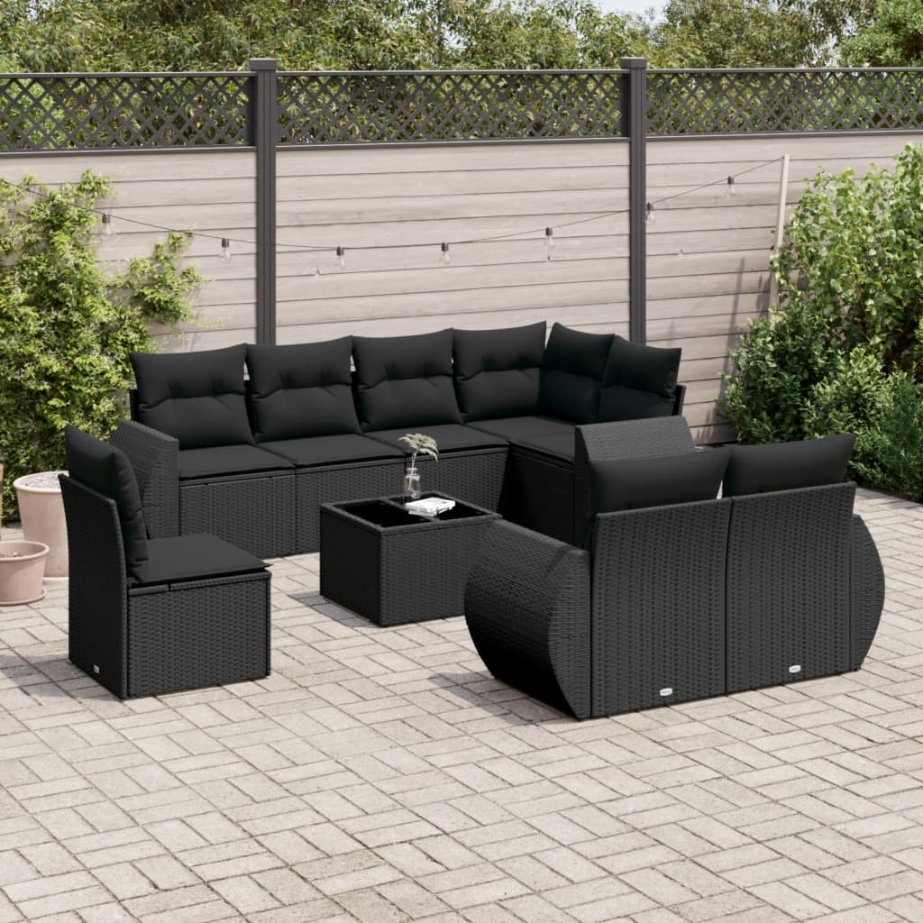 Set Divani da Giardino 9 pz con Cuscini Nero in Polyrattan