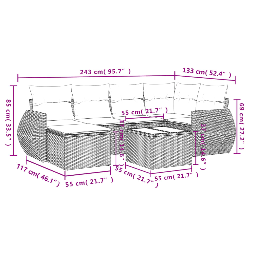 Set Divani da Giardino con Cuscini 7pz Nero Polyrattan