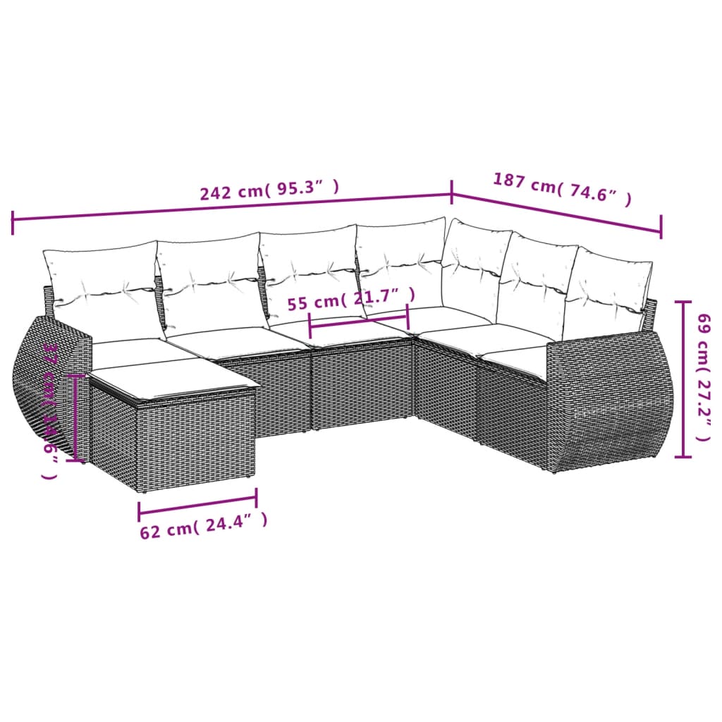 Set Divani da Giardino 7 pz con Cuscini Grigio in Polyrattan