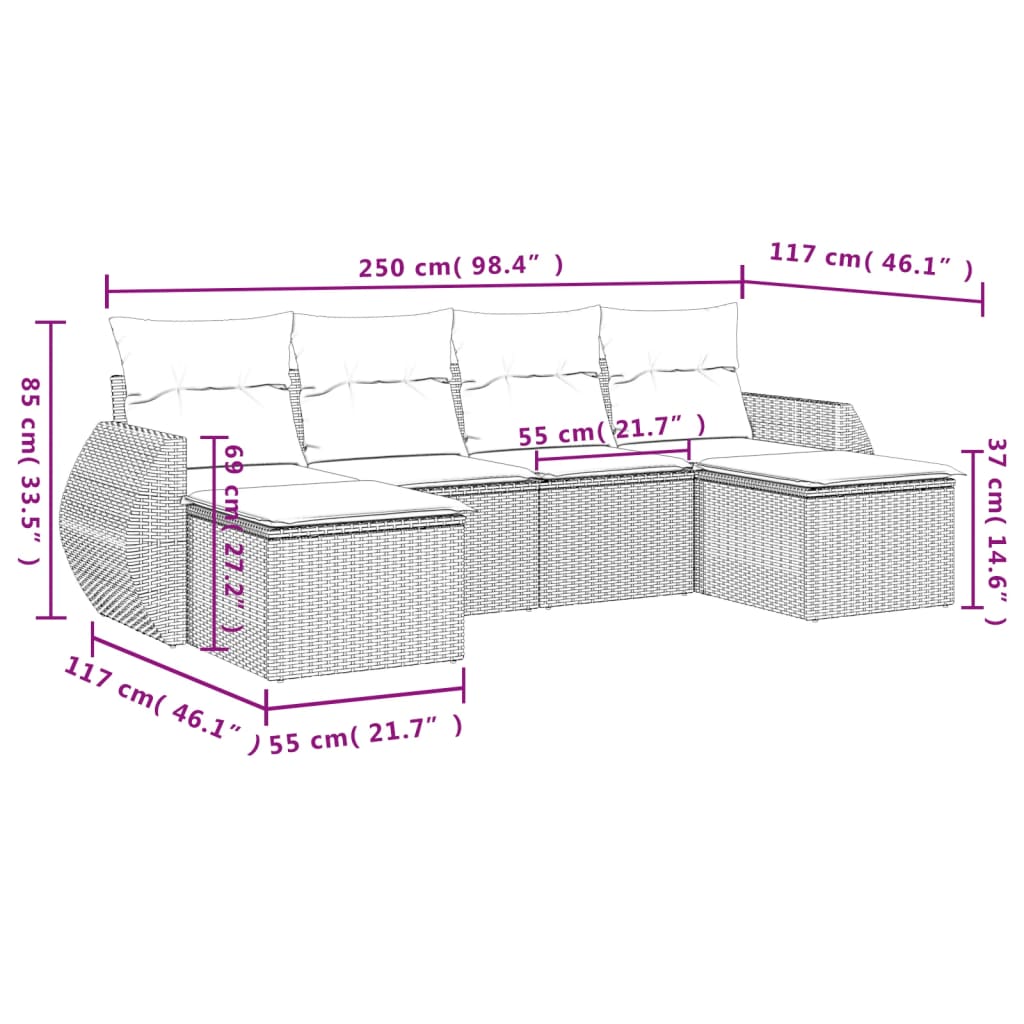 Set Divano da Giardino 6 pz con Cuscini Nero in Polyrattan