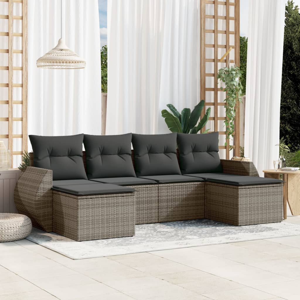 Set Divano da Giardino 6 pz con Cuscini Grigio in Polyrattan