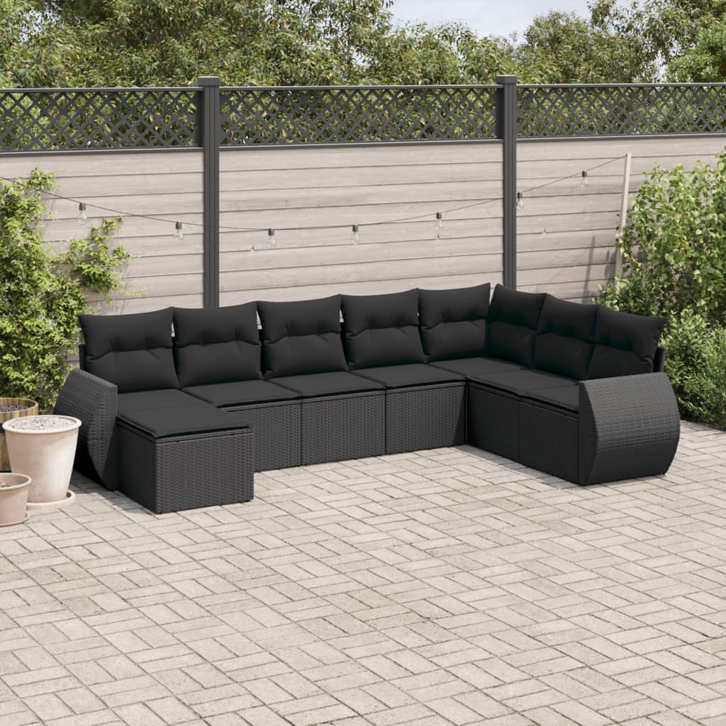 Set Divani da Giardino con Cuscini 8 pz Nero in Polyrattan