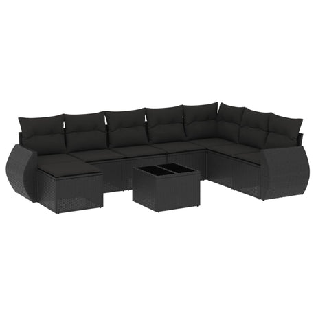 Set Divani da Giardino 9 pz con Cuscini Nero in Polyrattan