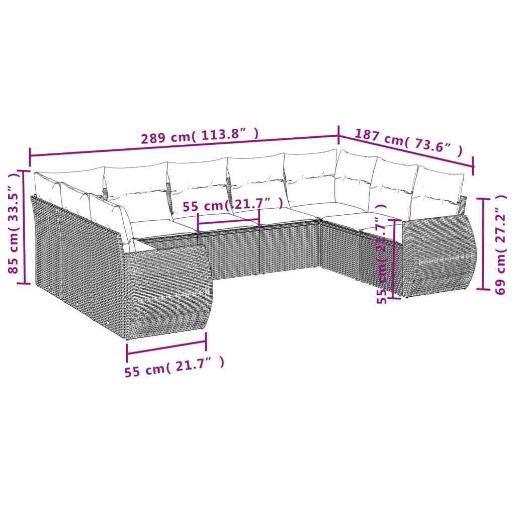 Set Divano da Giardino 9 pz con Cuscini Beige in Polyrattan