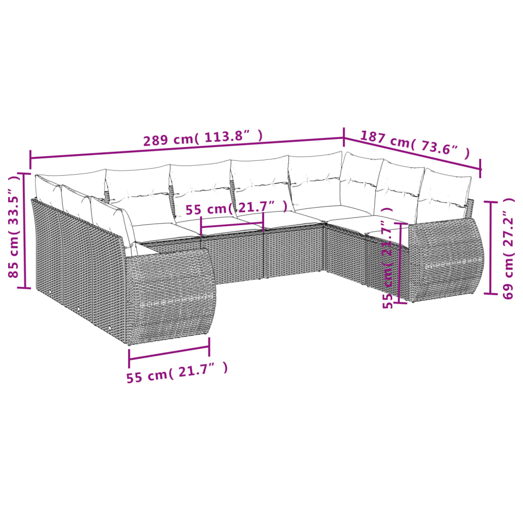 Set Divano da Giardino 9 pz con Cuscini Grigio in Polyrattan