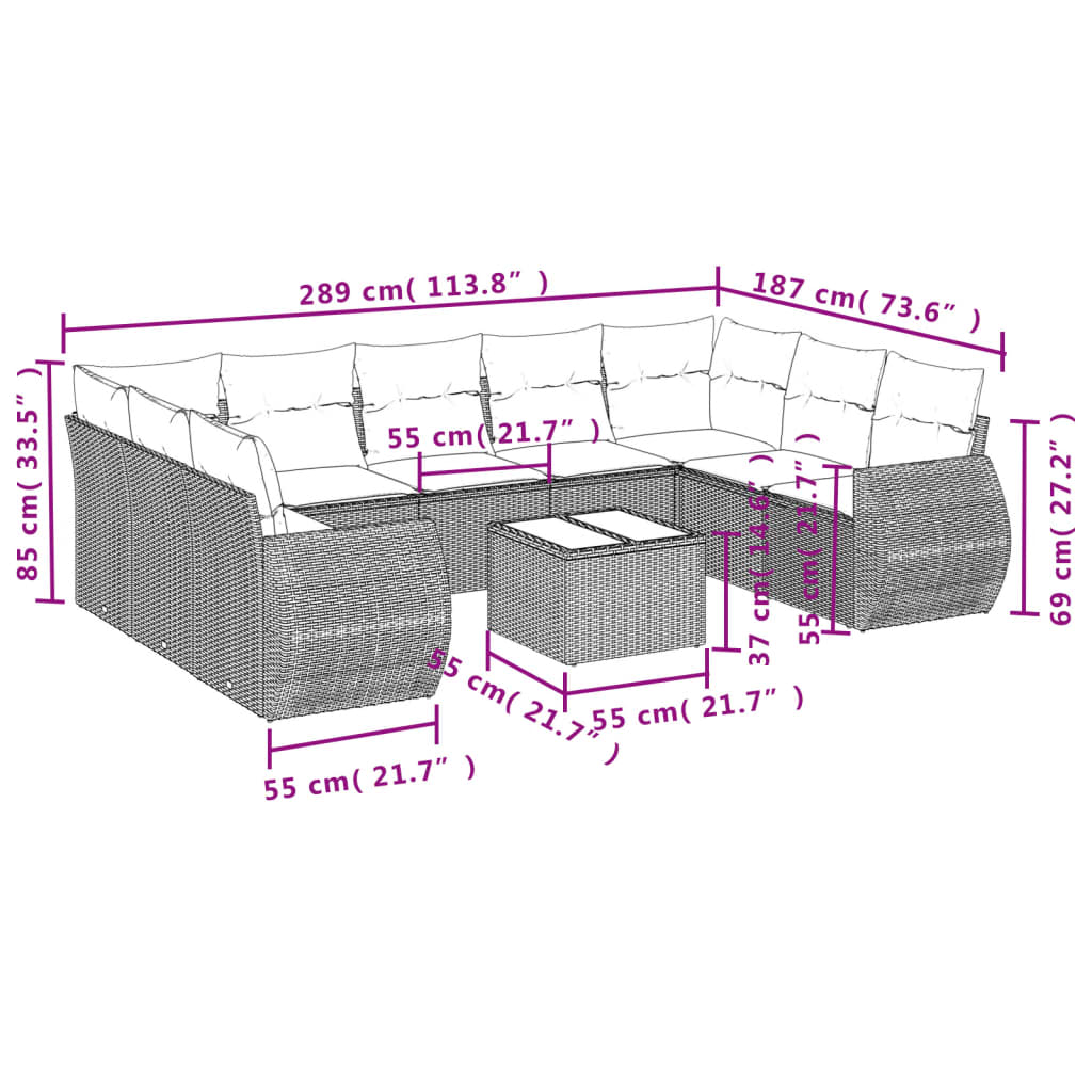 Set Divani da Giardino 10pz con Cuscini in Polyrattan Nero