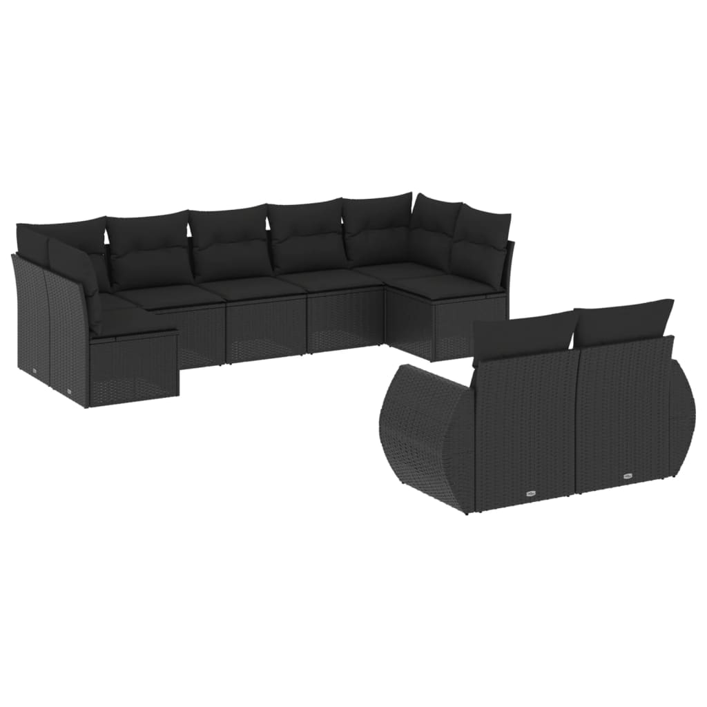 Set Divani da Giardino 9 pz con Cuscini Nero in Polyrattan