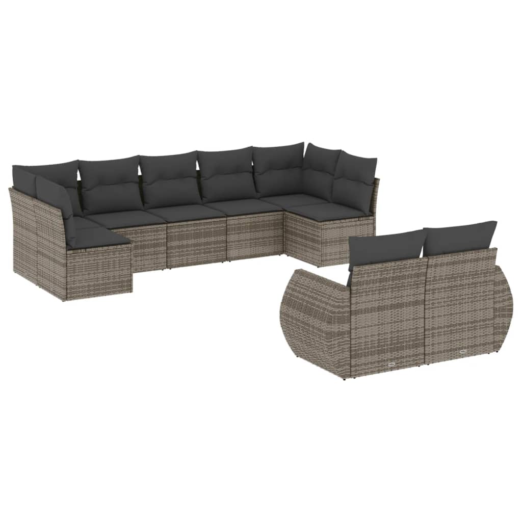 Set Divano da Giardino 9 pz con Cuscini Grigio in Polyrattan