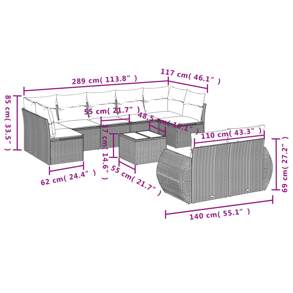 Set Divani da Giardino 10pz con Cuscini in Polyrattan Nero