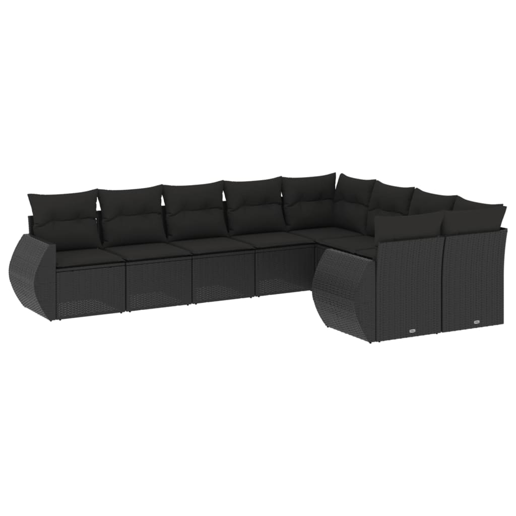 Set Divani da Giardino 9 pz con Cuscini Nero in Polyrattan