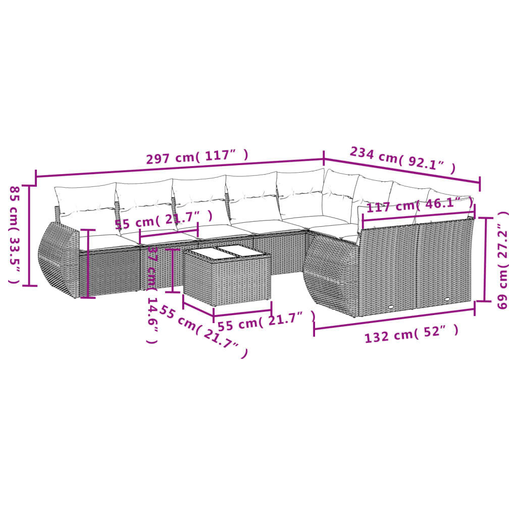 Set Divani da Giardino 10pz con Cuscini in Polyrattan Nero