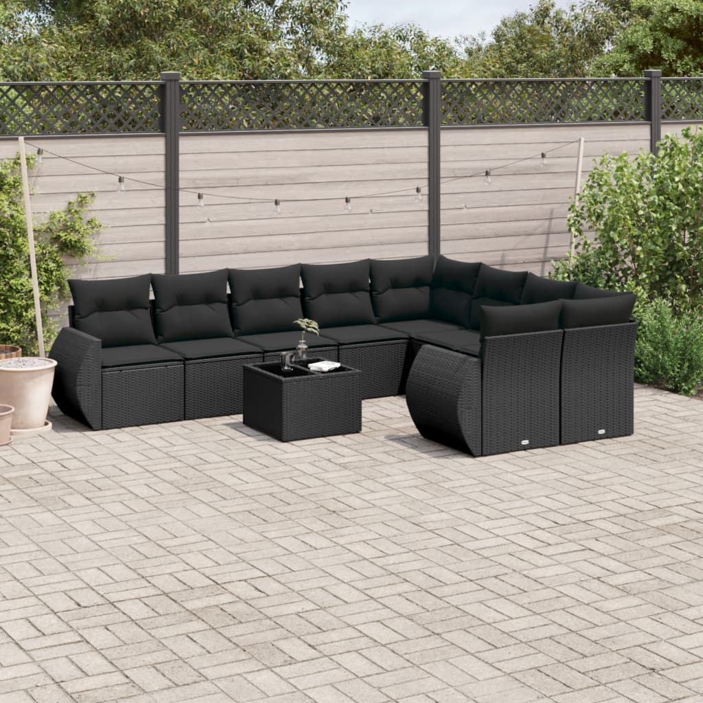 Set Divani da Giardino 10pz con Cuscini in Polyrattan Nero