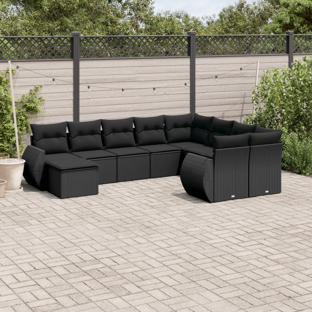 Set Divani da Giardino 10pz con Cuscini in Polyrattan Nero