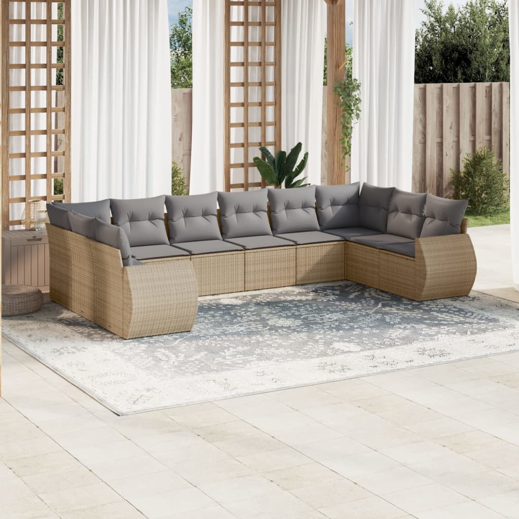 Set Divano da Giardino 10 pz con Cuscini Beige in Polyrattan