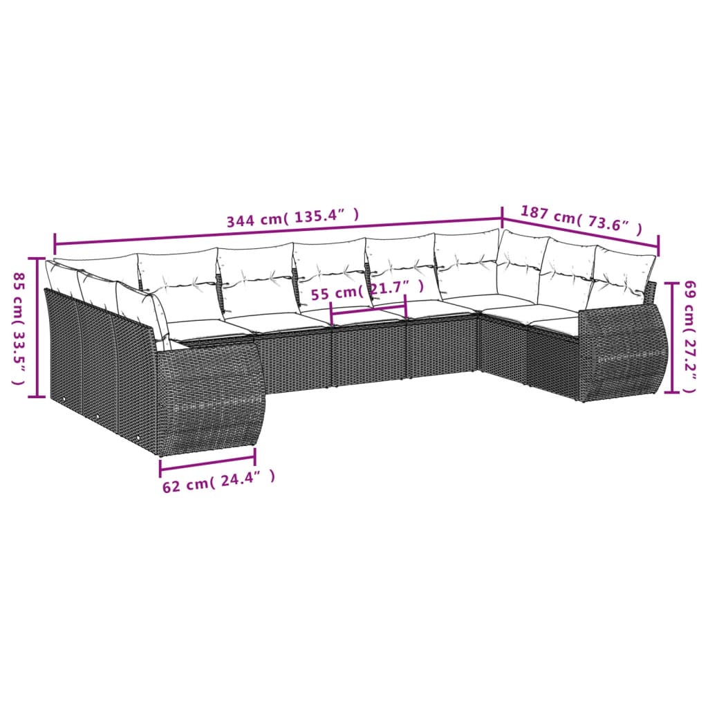 Set Divani da Giardino 11 pz con Cuscini in Polyrattan Nero