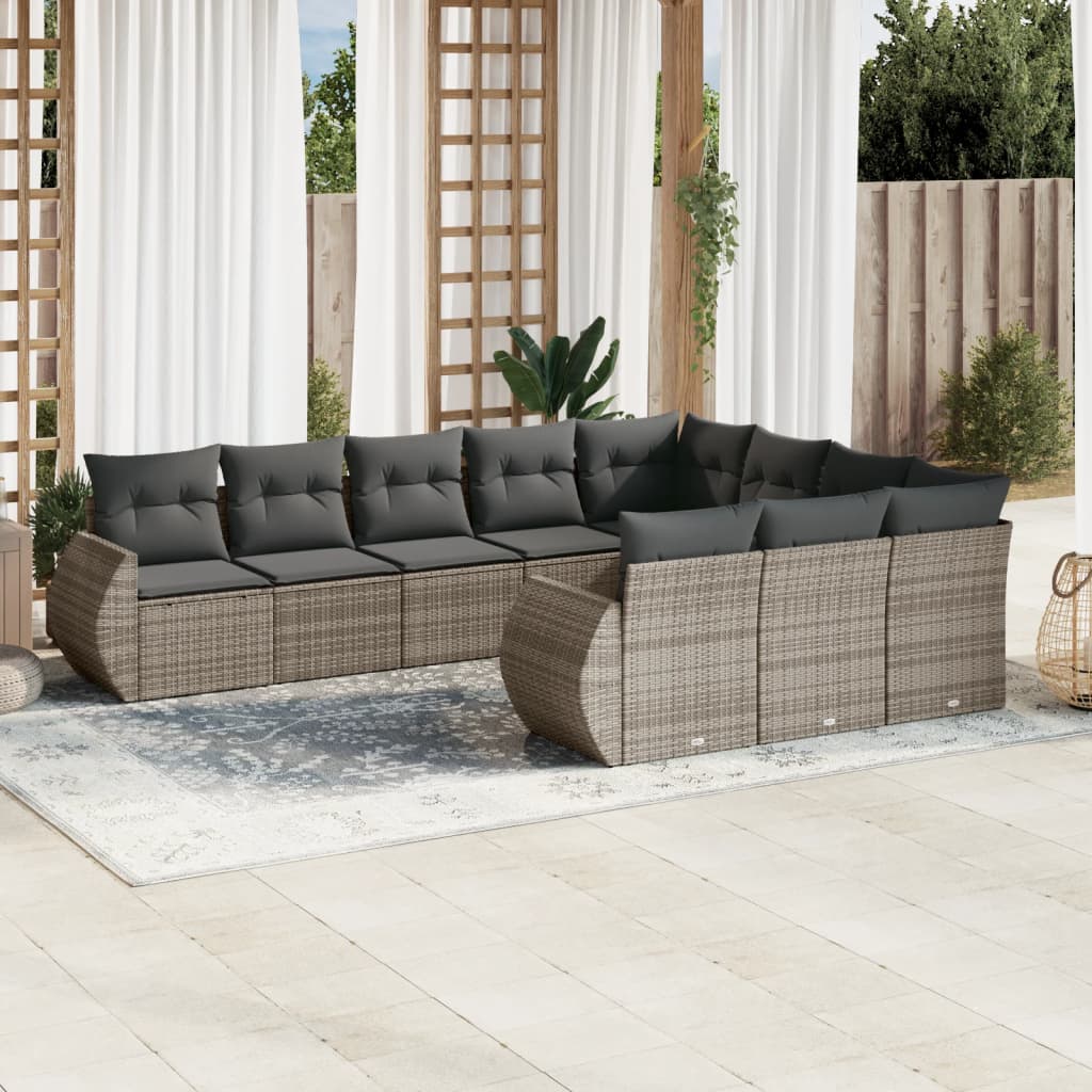 Set Divano da Giardino 10 pz con Cuscini Grigio in Polyrattan