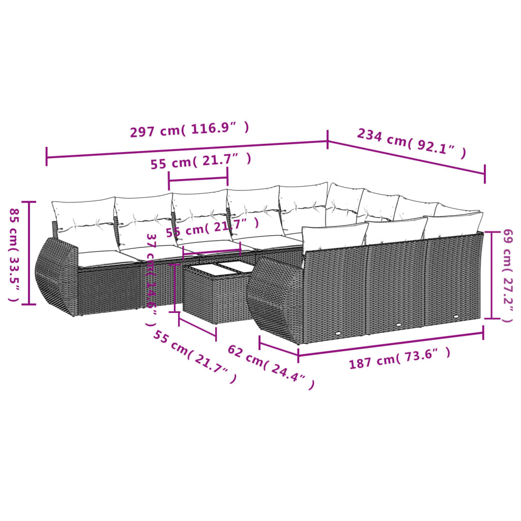 Set Divani da Giardino 11 pz con Cuscini in Polyrattan Nero