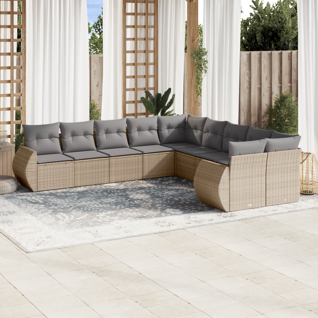 Set Divano da Giardino 10 pz con Cuscini Beige in Polyrattan