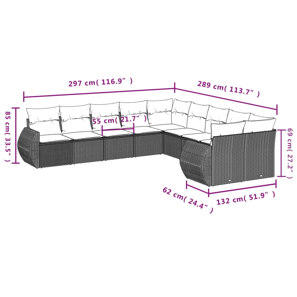 Set Divano da Giardino 10 pz con Cuscini Grigio in Polyrattan