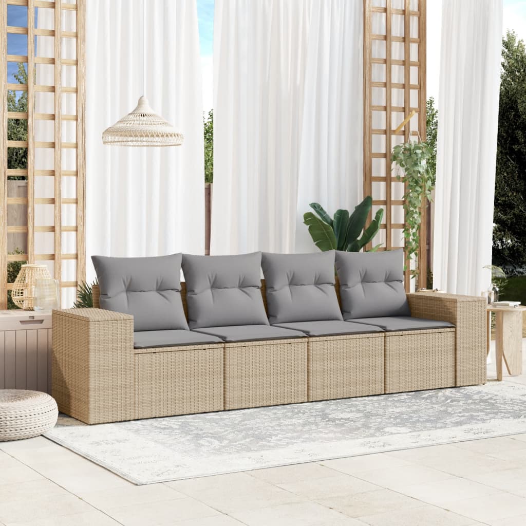 Set Divano da Giardino 4 pz con Cuscini Beige in Polyrattan