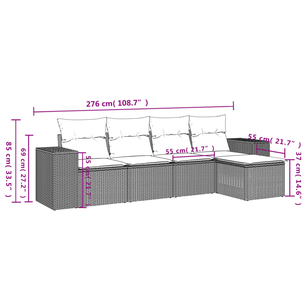 Set Divani da Giardino 5 pz con Cuscini in Polyrattan Nero