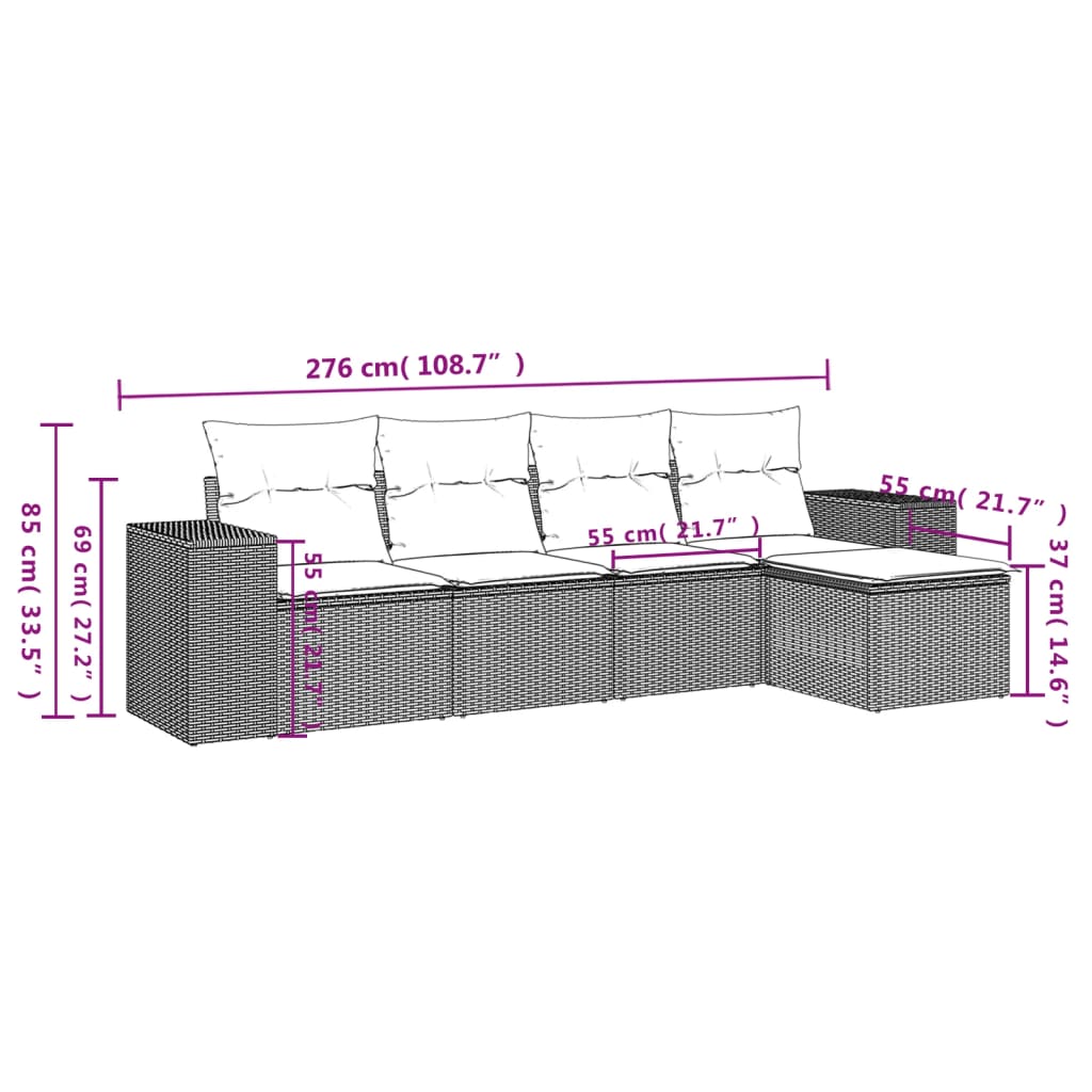 Set Divano da Giardino 5 pz con Cuscini Beige in Polyrattan