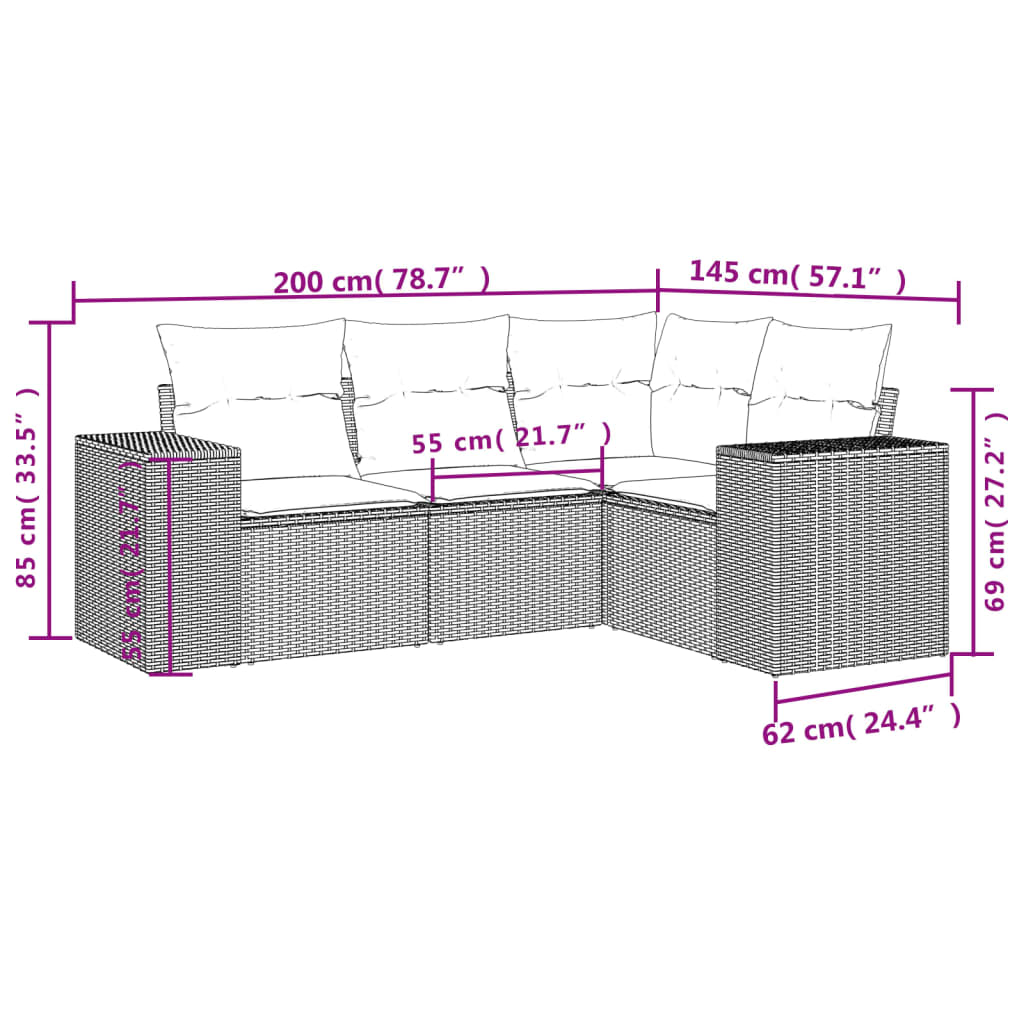 Set Divani da Giardino 4 pz con Cuscini Nero in Polyrattan