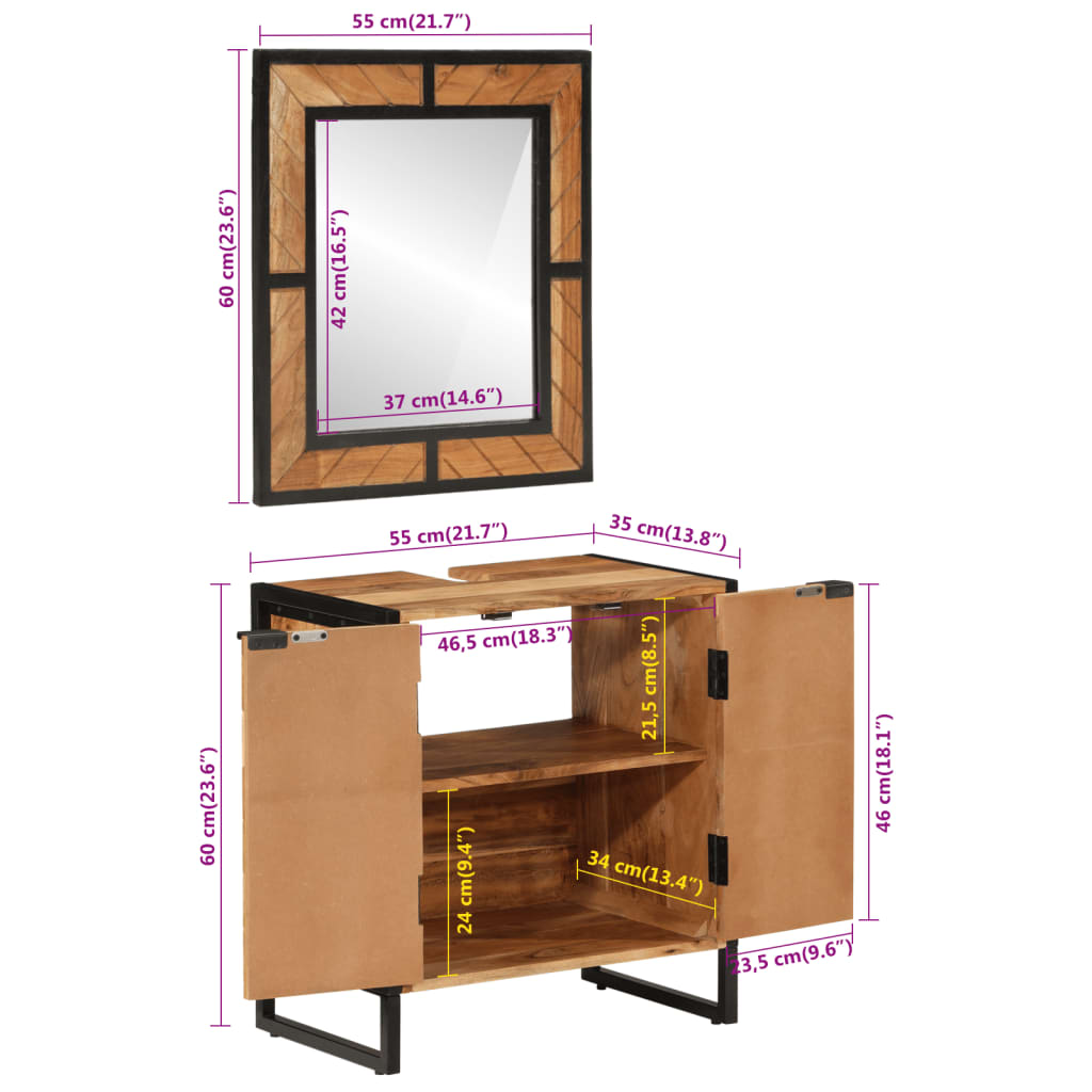 Set Mobili da Bagno 2 pz in Ferro e Legno Massello di Acacia