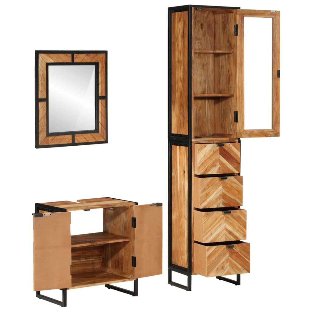 Set Mobili da Bagno 3 pz in Ferro e Legno Massello di Acacia